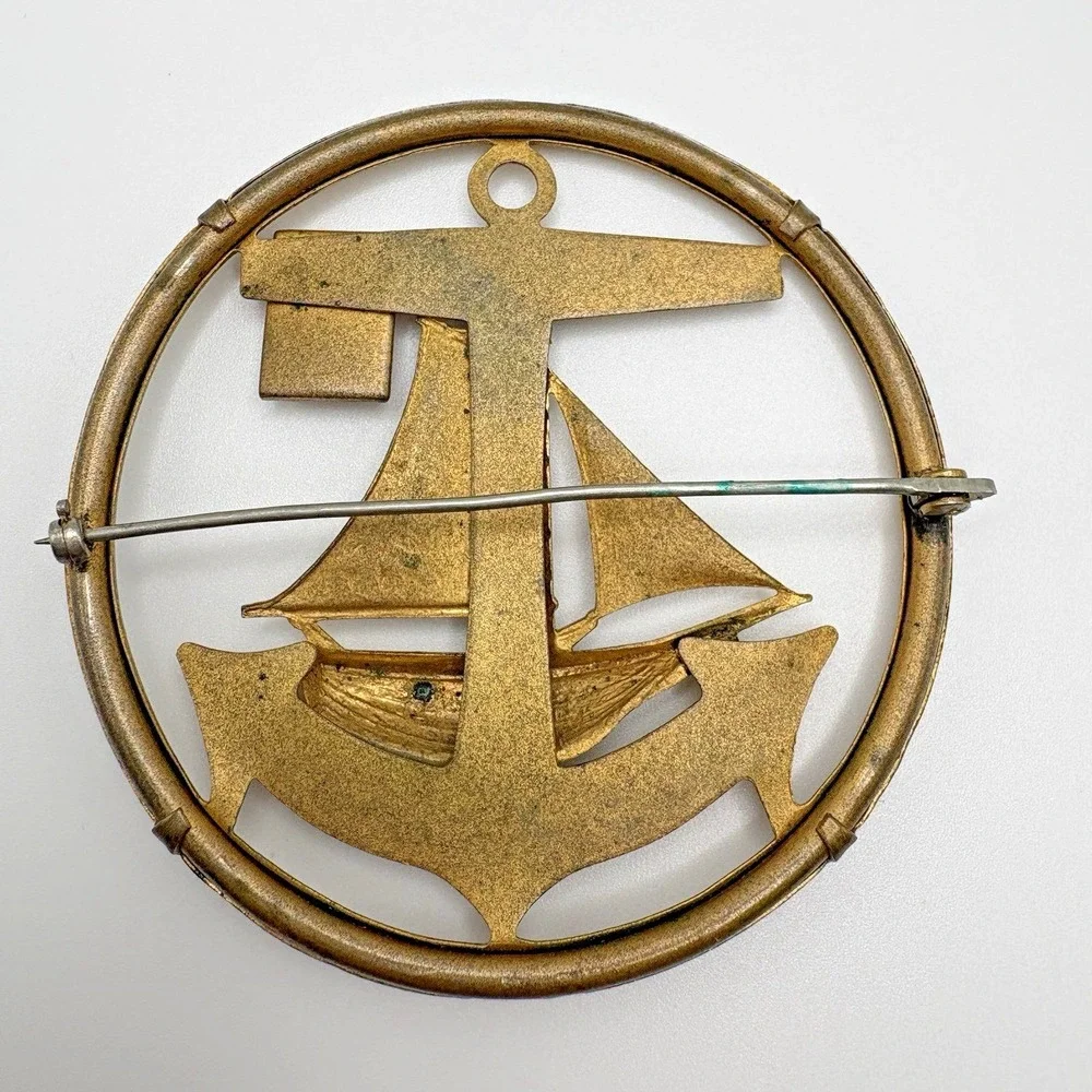 Vintage Sailboat Brooch Anchor Nautical Sail Enamel Ocean Seas Gold Tone READ